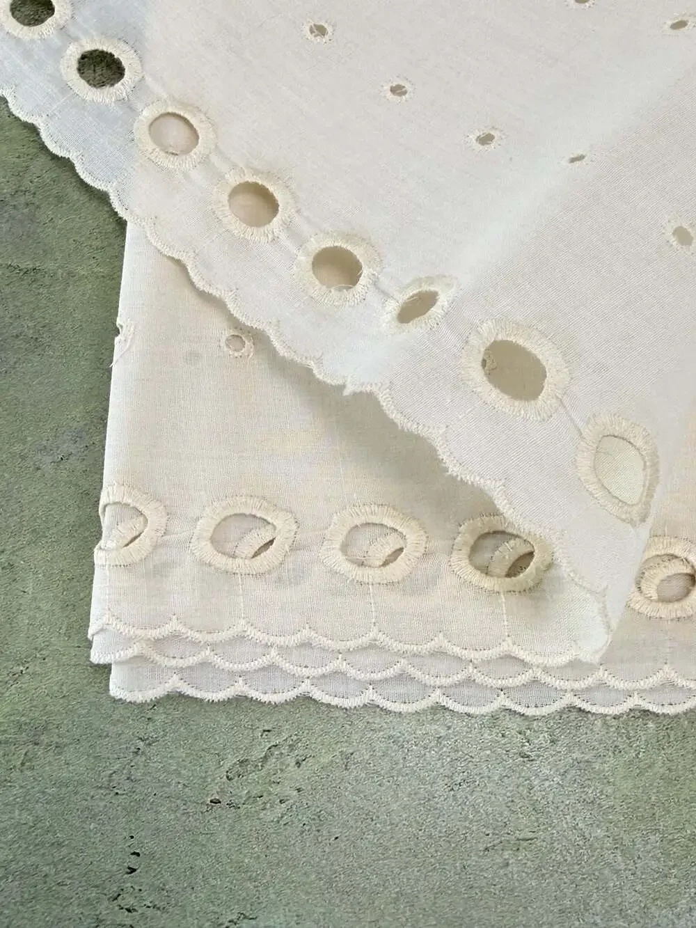 Cream Cotton Eyelet Lace Trim Scalloped Border Floral Embroidery - 3.25 yards
